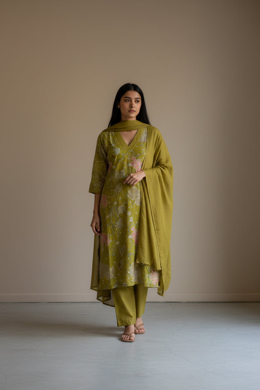 Olive Green Floral Printed Kurta Set with Dupatta &amp; Pants