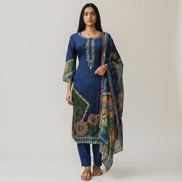 Pure Natural Crepe Digital Handwork Stitched Kurta Set