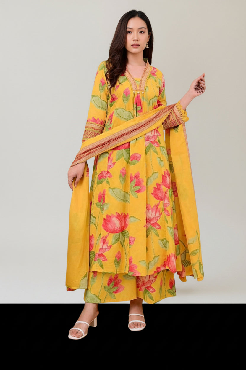 Floral Printed Kurta Set with Palazzo &amp; Dupatta