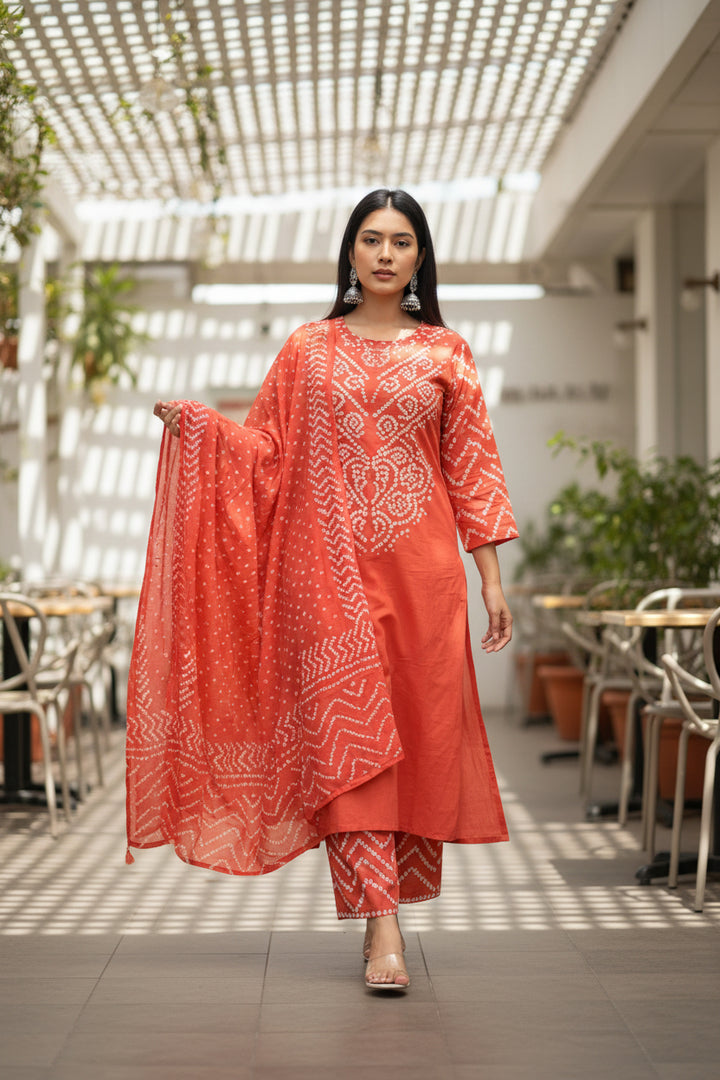 Rust Orange Bandhani Printed Kurta Set with Dupatta &amp; Palazzo Pants