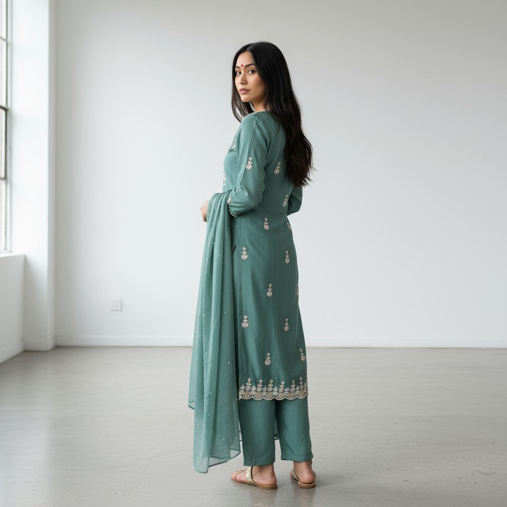 Sea Green Silk Embroidery 3 Piece Premium Kurta Set