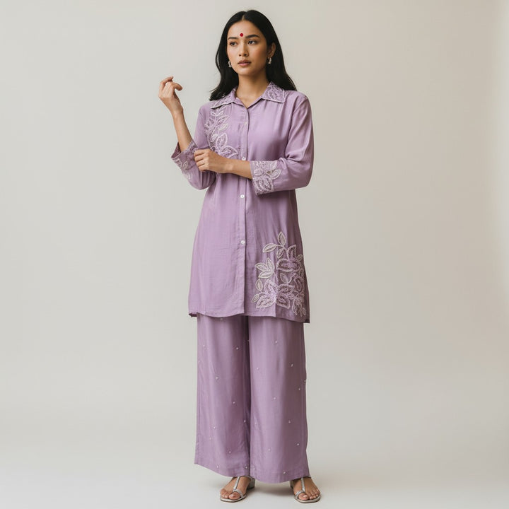 Premium Purple Pure Viscose Chinon Hand-Embroidered Co-Ord Set