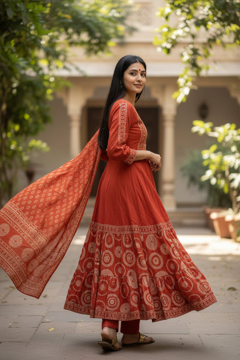 Women’s Rust Orange Printed Kurta Set with Matching Dupatta