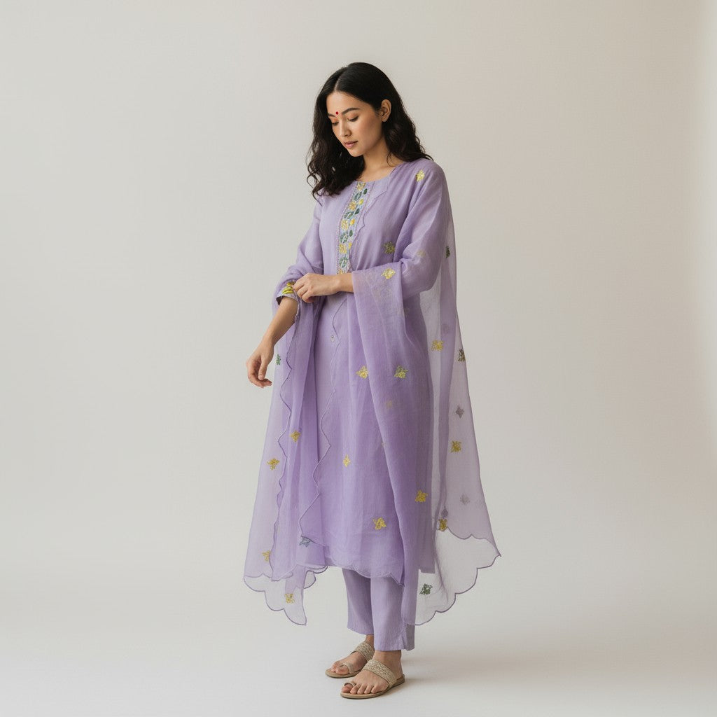 Lavender Chiffon Embroidery 3 Piece Kurtha Set