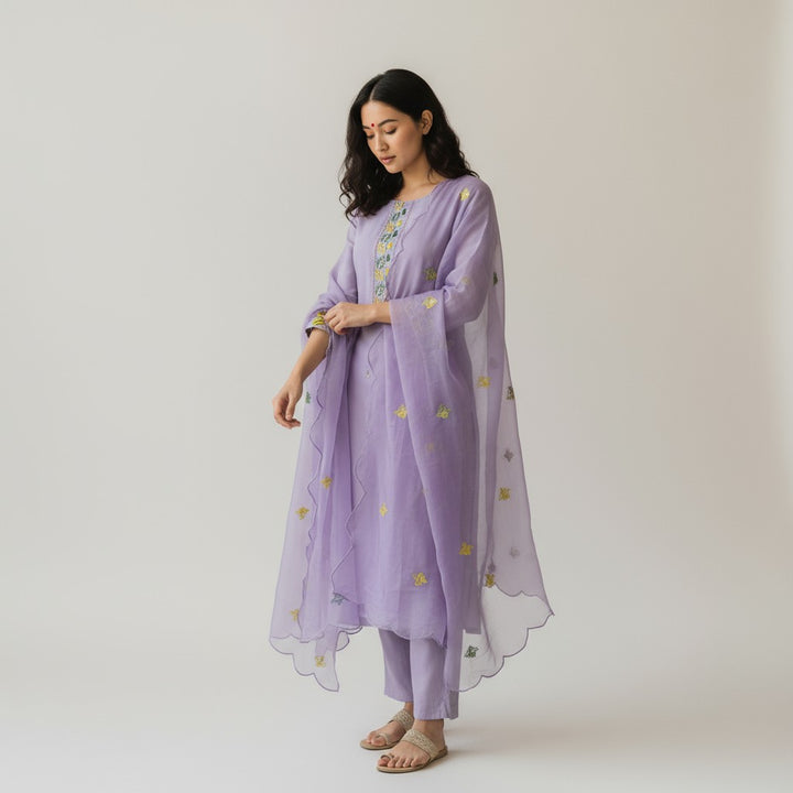 Lavender Chiffon Embroidery 3 Piece Kurtha Set