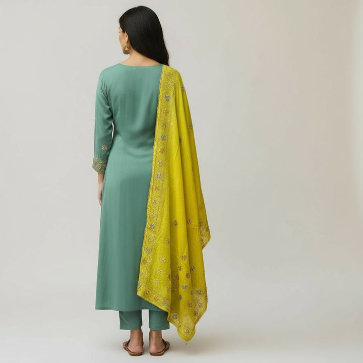 Chiffon Blue and Yellow Contract Kurthi Set 3 Piece