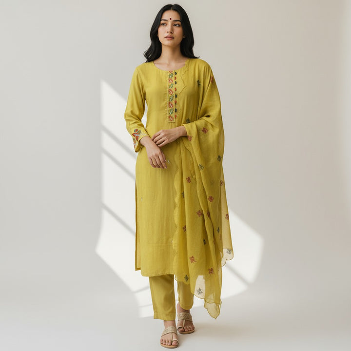 Yellow Chiffon Embroidery 3 Piece Kurta Set