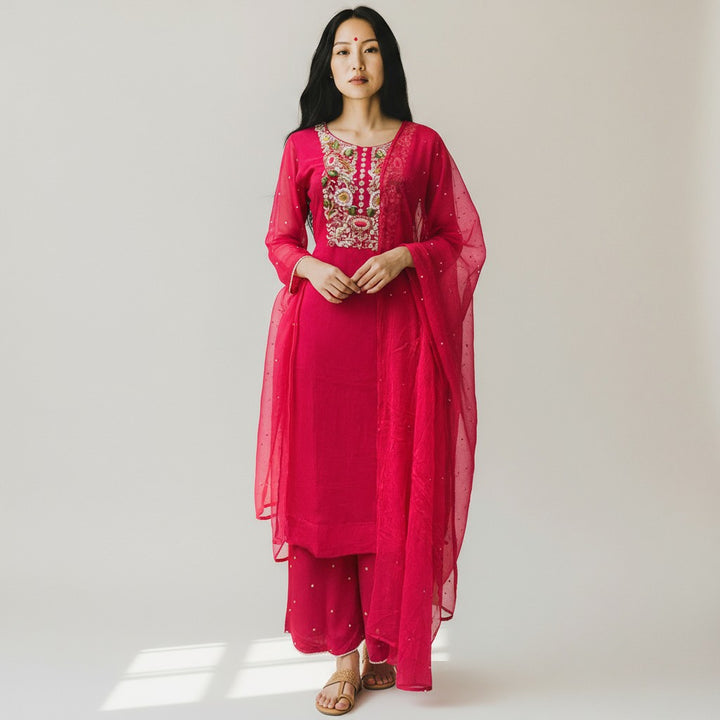 Pink Embroidered Satin Silk 3-Piece Kurta Set