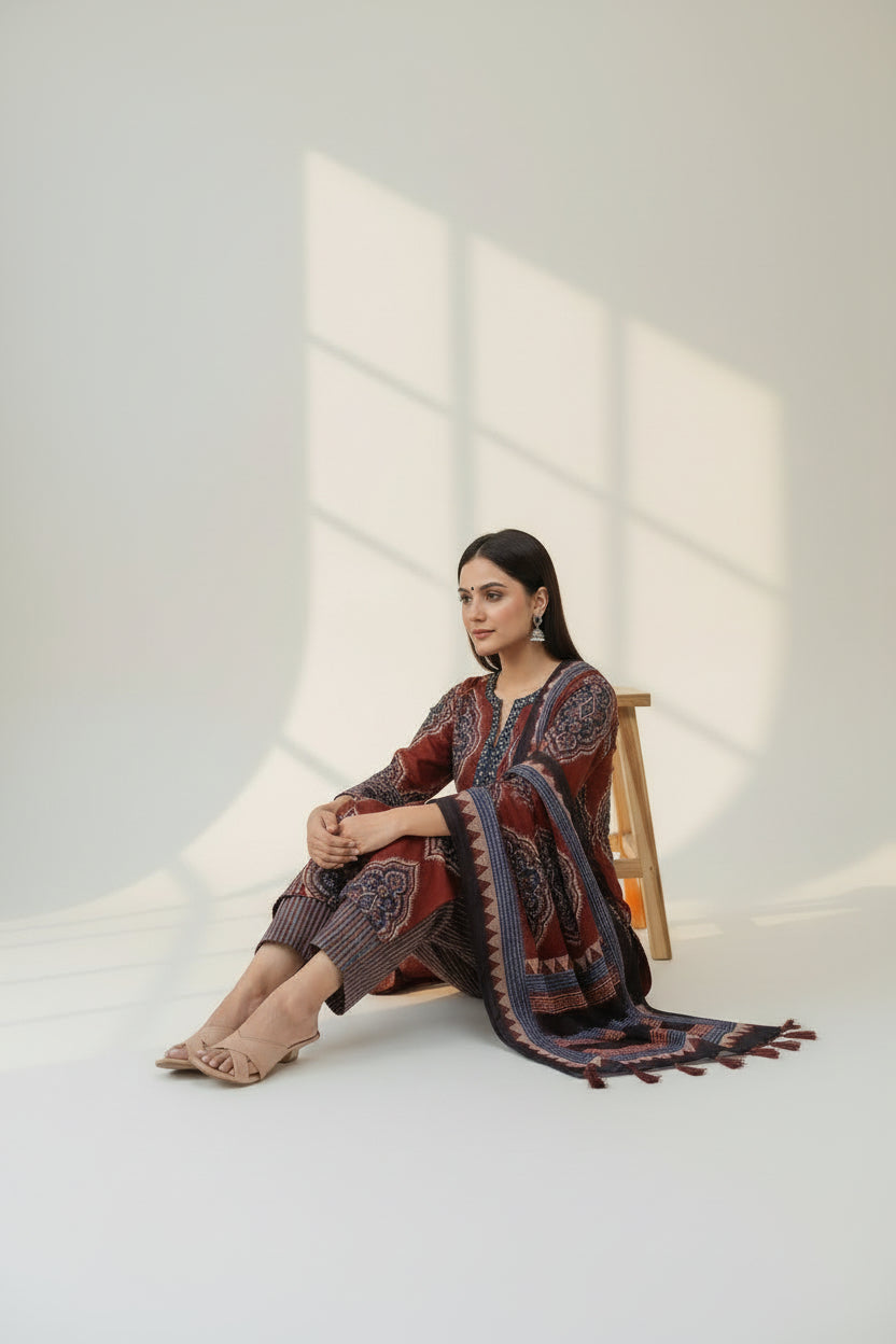 Maroon &amp; Navy Ethnic Print Straight Kurta Set with Dupatta