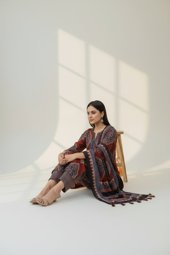 Maroon &amp; Navy Ethnic Print Straight Kurta Set with Dupatta