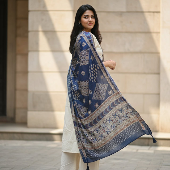 Ivory Cotton Kurta Set with Indigo Printed Dupatta