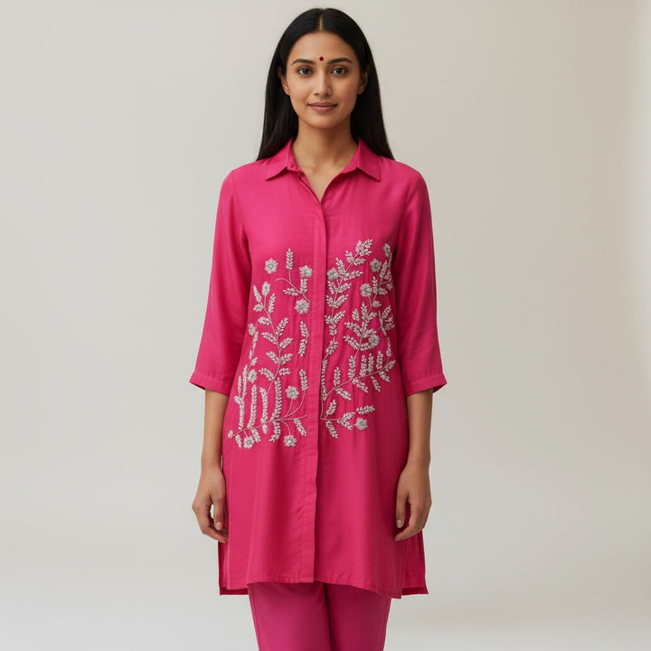 Hot Pink Embroidered Silk Co-Ord Set