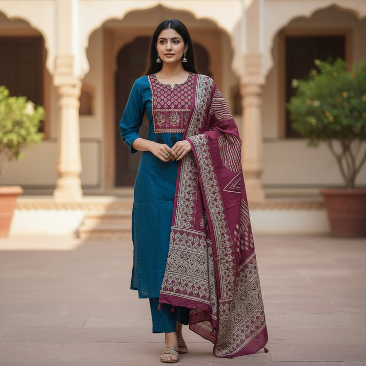 Teal Blue Straight Kurta Set with Printed Yoke, Solid Bottom &amp; Maroon Dupatta
