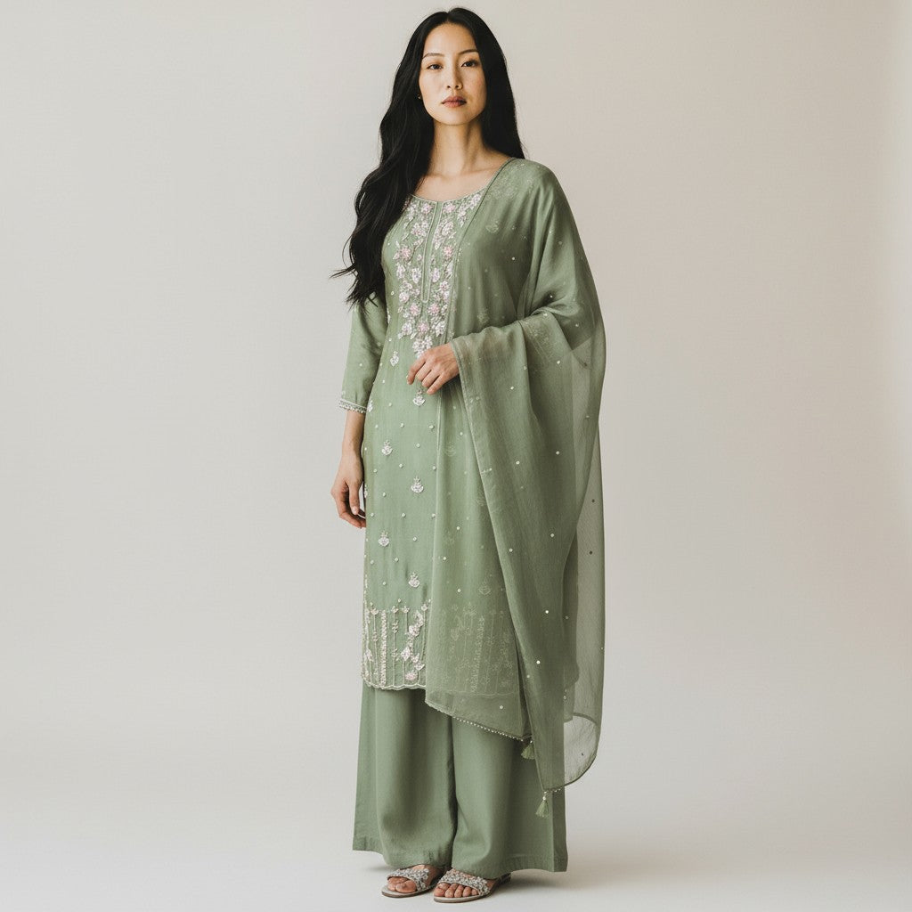 Green Satin Silk Embroidery Premium 3-Piece Kurta Set