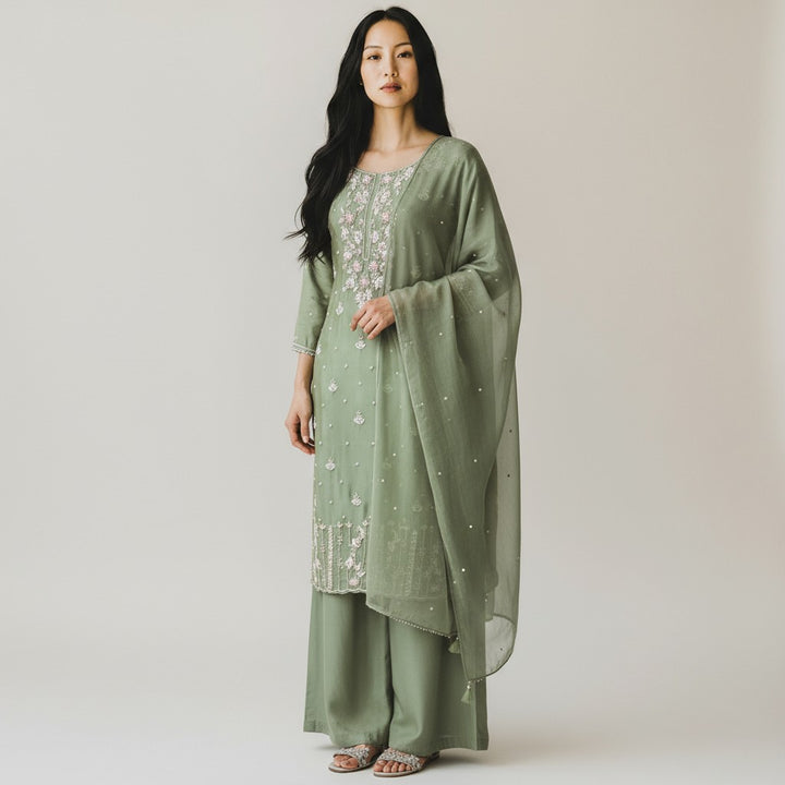 Green Satin Silk Embroidery Premium 3-Piece Kurta Set