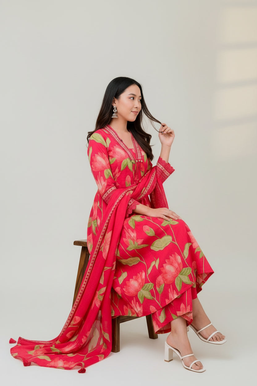 Floral Printed Kurta Set with Palazzo &amp; Dupatta
