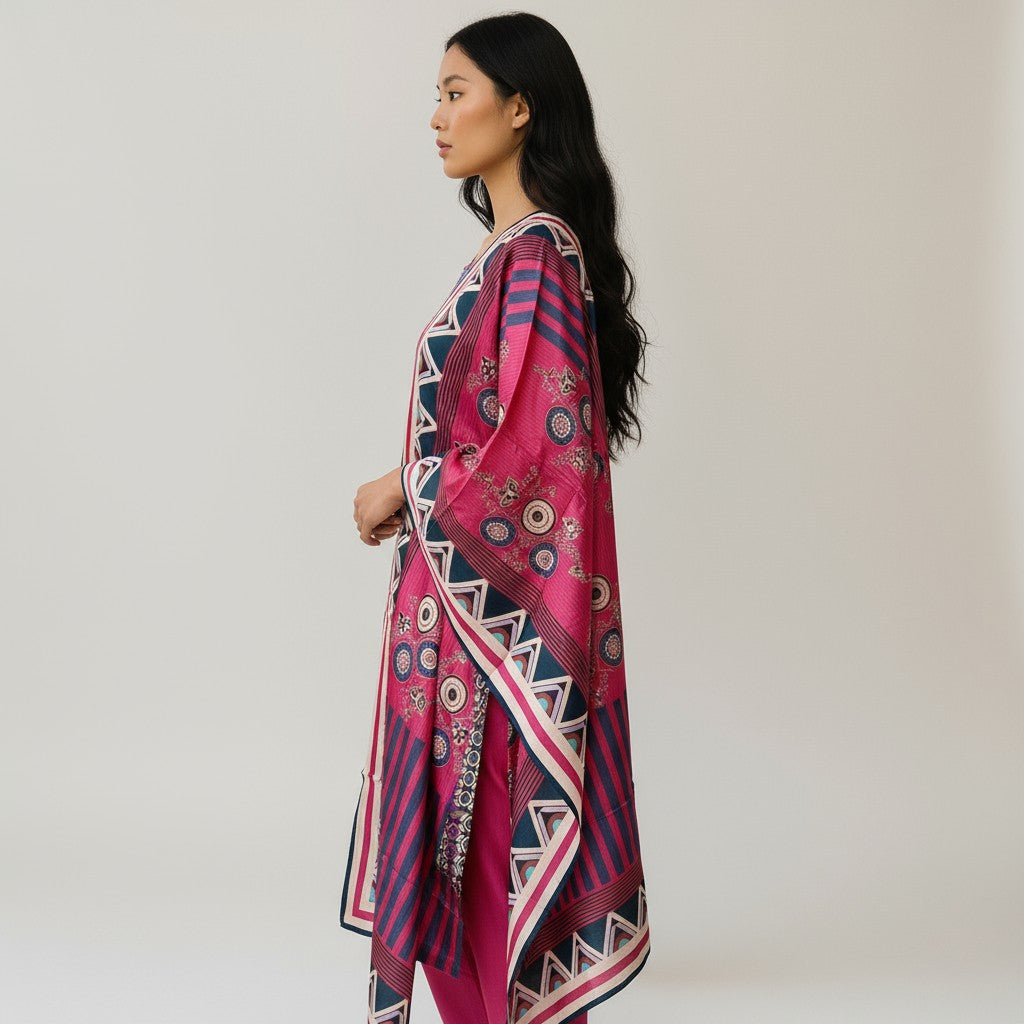 Fuchsia Pink Printed Silk Kurta Set with Geometric Dupatta