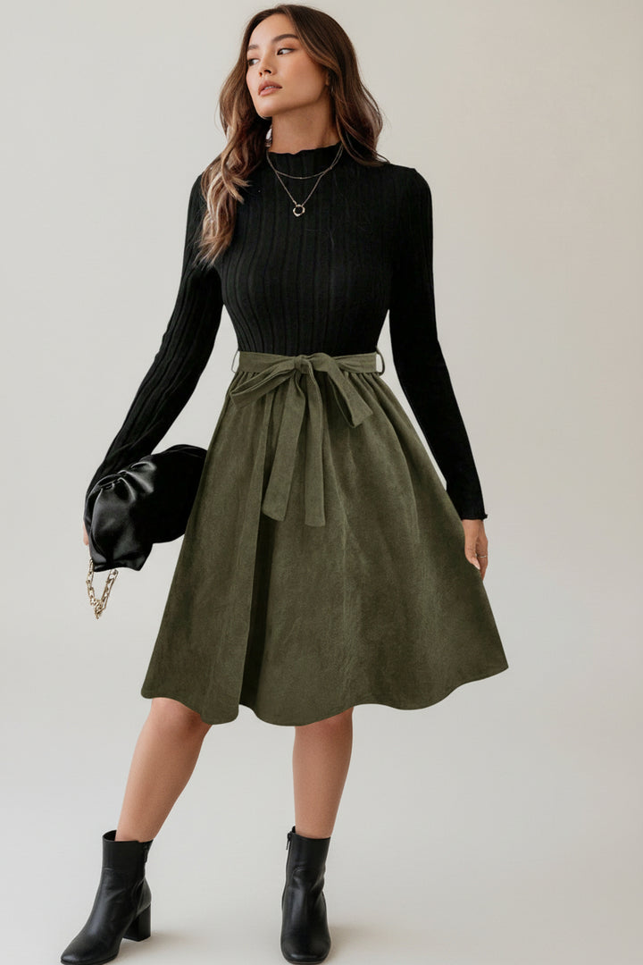 Black Ribbed Knit Slim Bodice Contrast Flared Skirt Patchwork Belted Dress