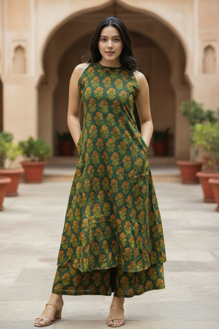 Green Floral Printed Sleeveless A-Line Kurta Set with Palazzo Pants