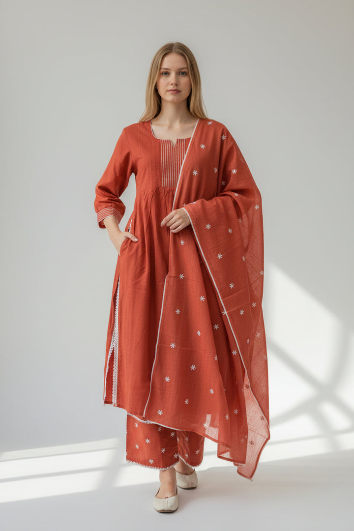 A-Line Kurta Set with Printed Bottom &amp; Embroidered Dupatta