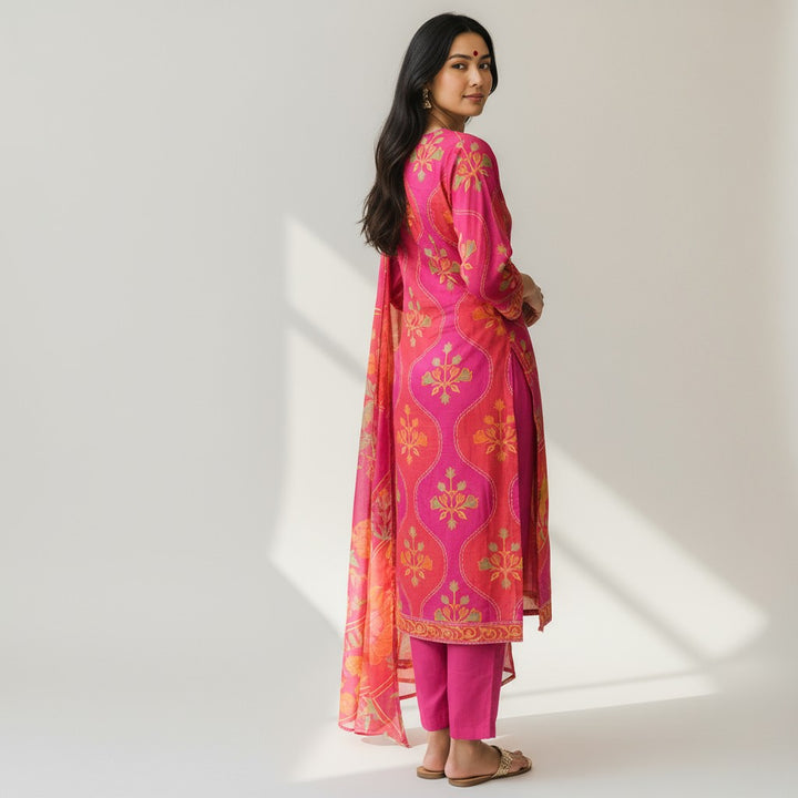 Pink Pure Natural Crepe Digital Print Handwork Stitch Kurta Set