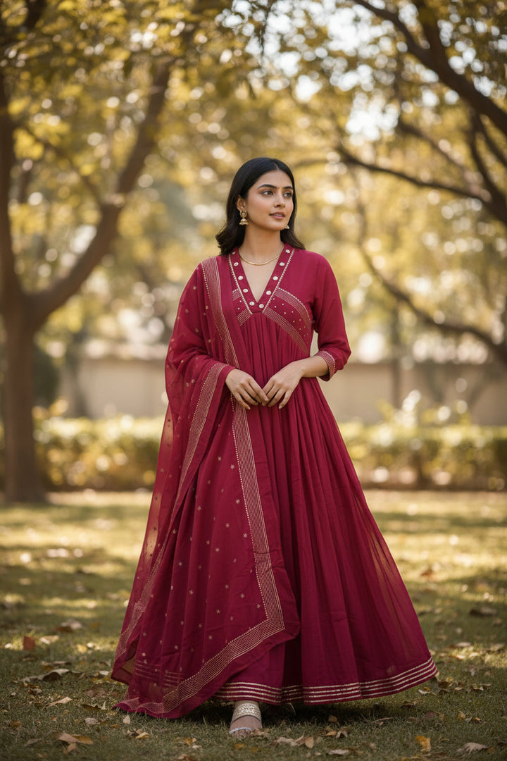 Women’s Solid Embroidered Anarkali Kurta Set with Dupatta