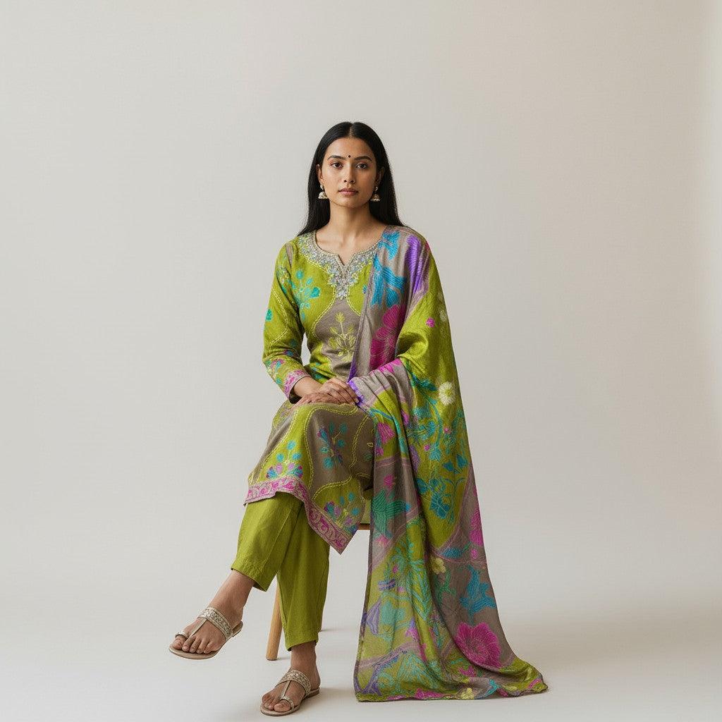 Green Pure Natural Crepe Digital Print Handwork Stitch Kurta Set