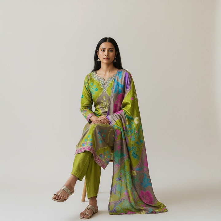 Green Pure Natural Crepe Digital Print Handwork Stitch Kurta Set
