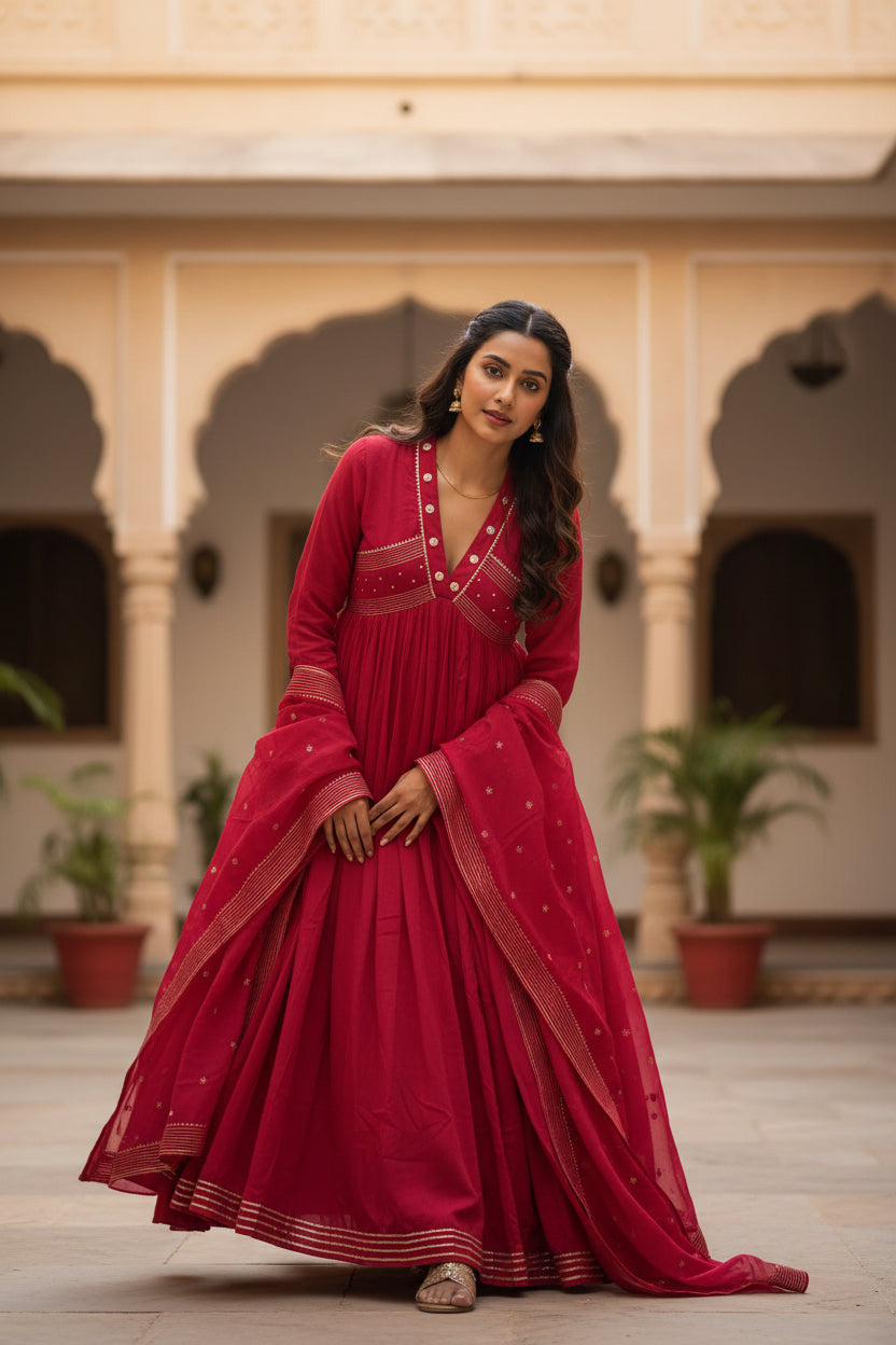 Women’s Solid Embroidered Anarkali Kurta Set with Dupatta