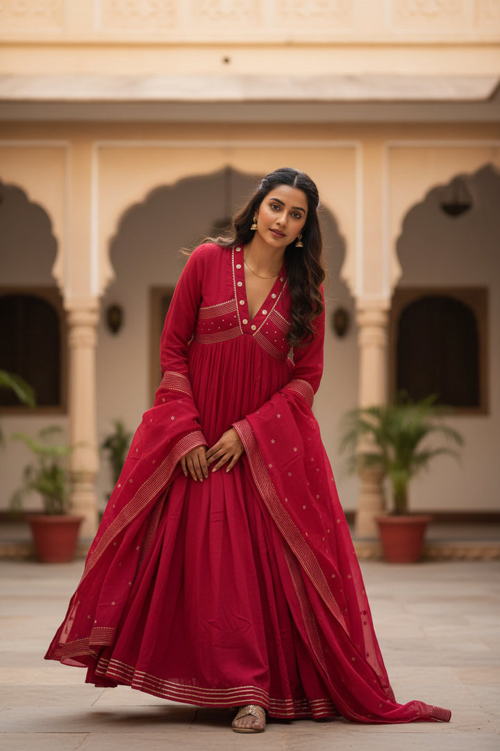 Women’s Solid Embroidered Anarkali Kurta Set with Dupatta