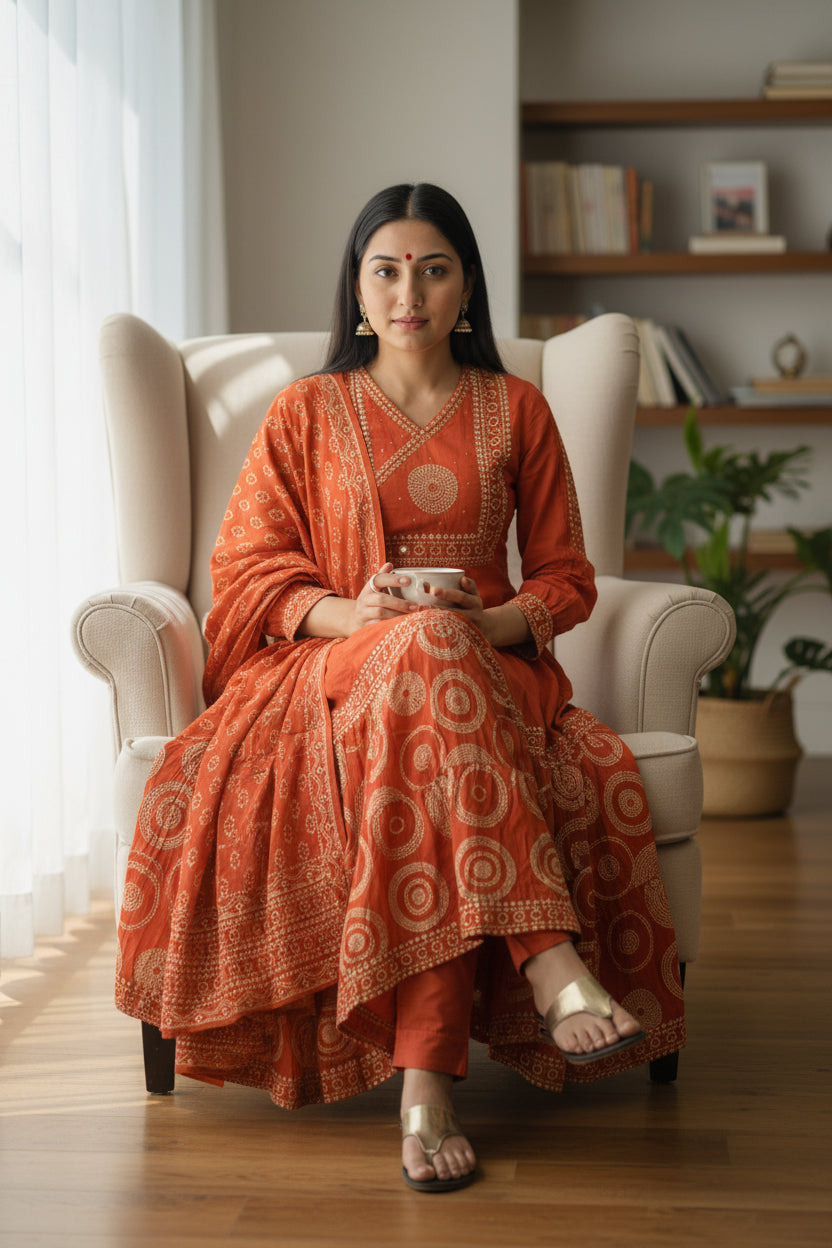 Women’s Rust Orange Printed Kurta Set with Matching Dupatta