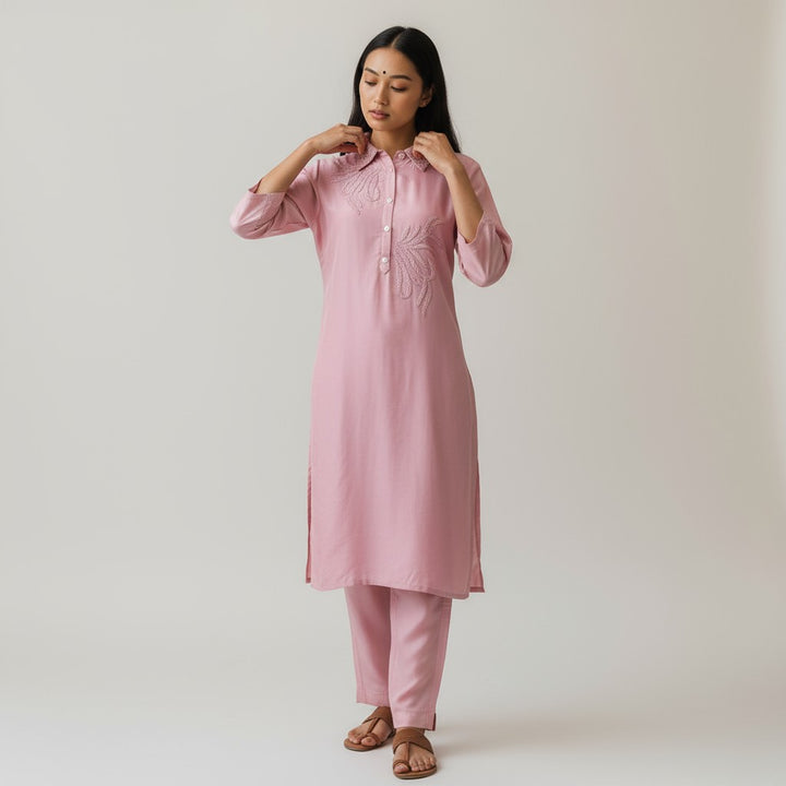 Sakhi Sky Blue Self Embroidery Ethnic Coord Set