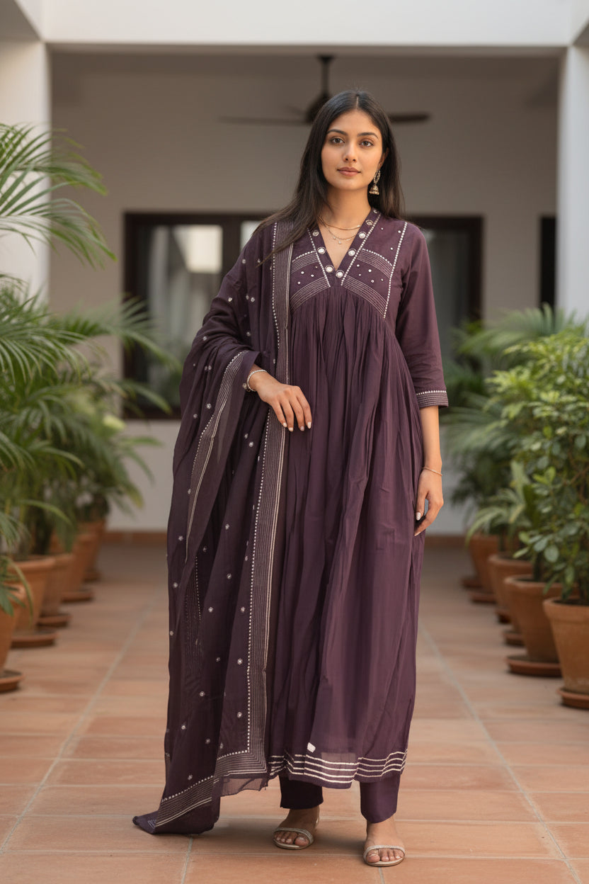 Women’s Solid Embroidered Anarkali Kurta Set with Dupatta
