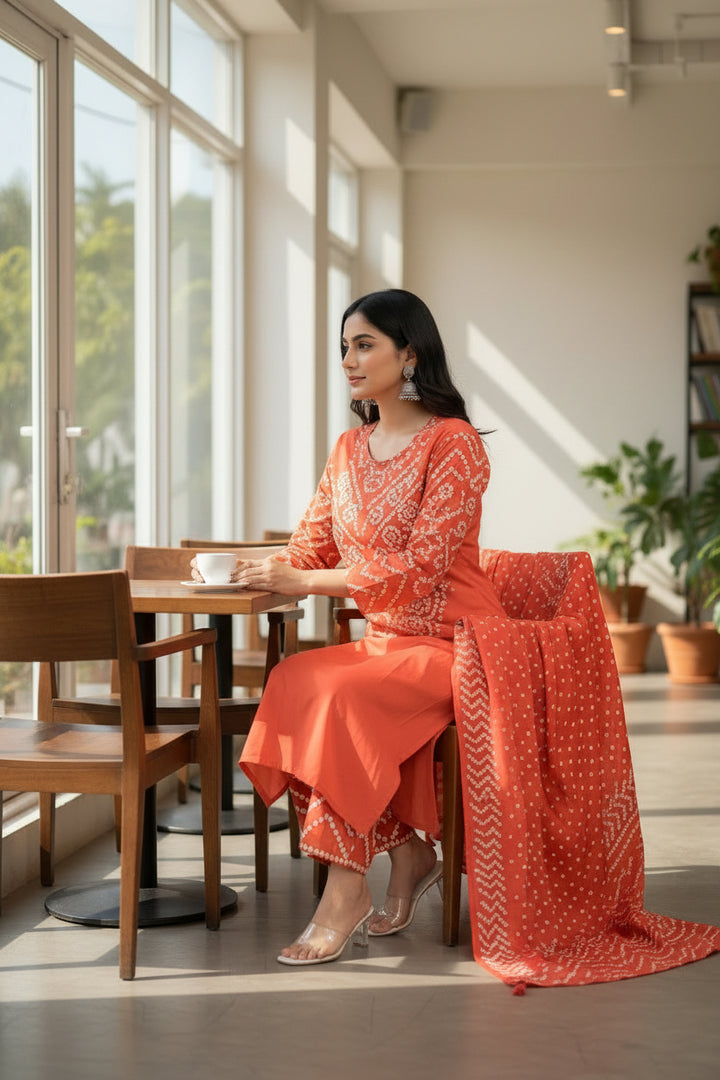 Rust Orange Bandhani Printed Kurta Set with Dupatta &amp; Palazzo Pants