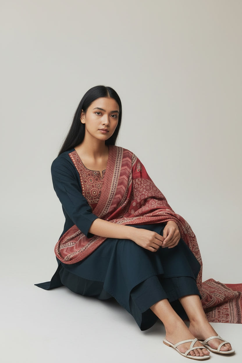 Black Straight Kurta with Printed Yoke, Solid Bottom &amp; Printed Dupatta – 3-Piece Set