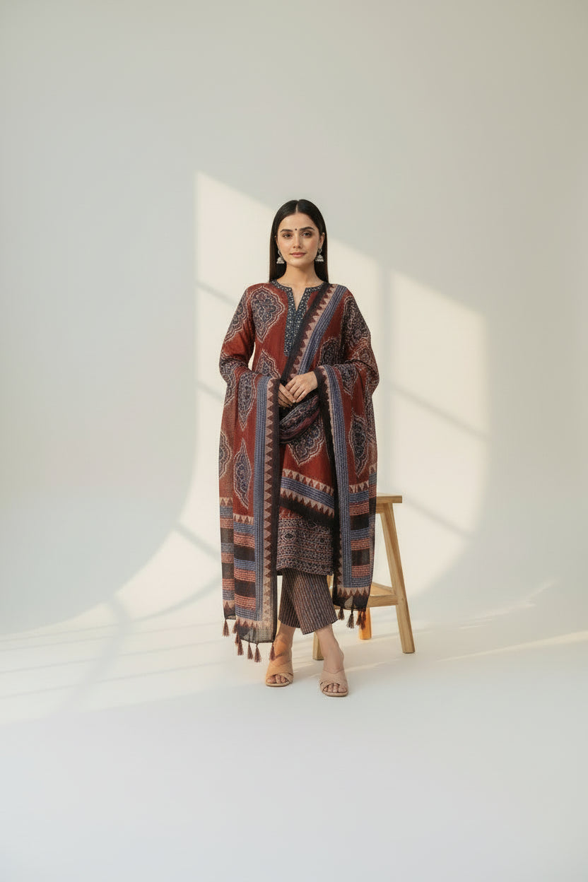 Maroon &amp; Navy Ethnic Print Straight Kurta Set with Dupatta