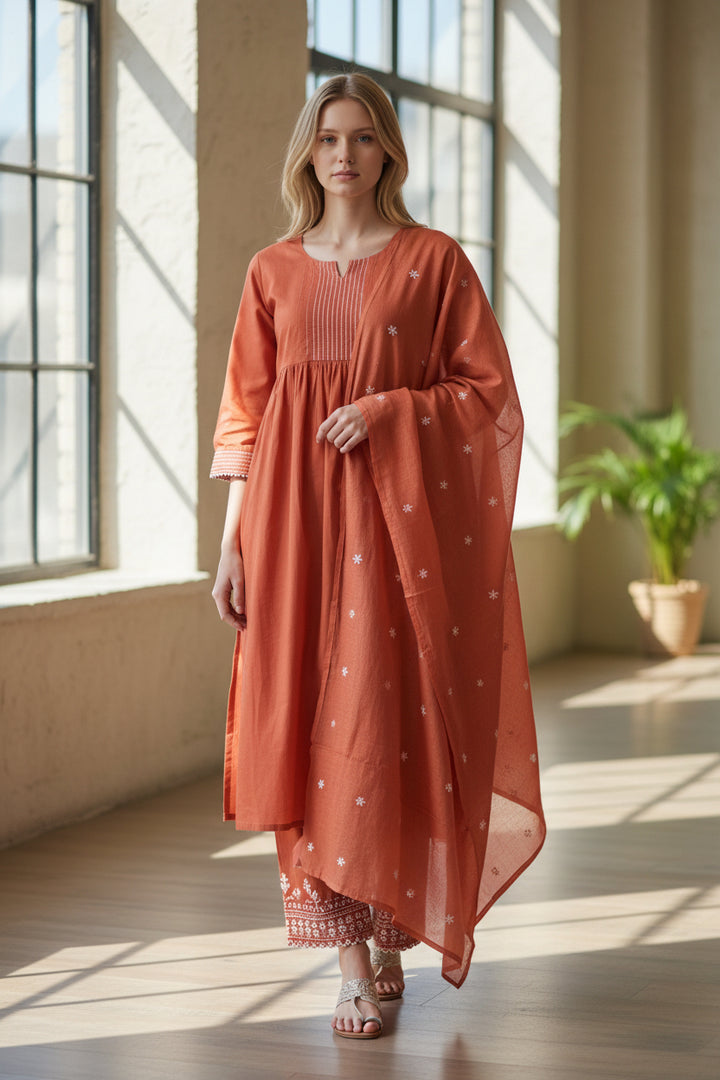 A-Line Kurta Set with Printed Bottom &amp; Embroidered Dupatta