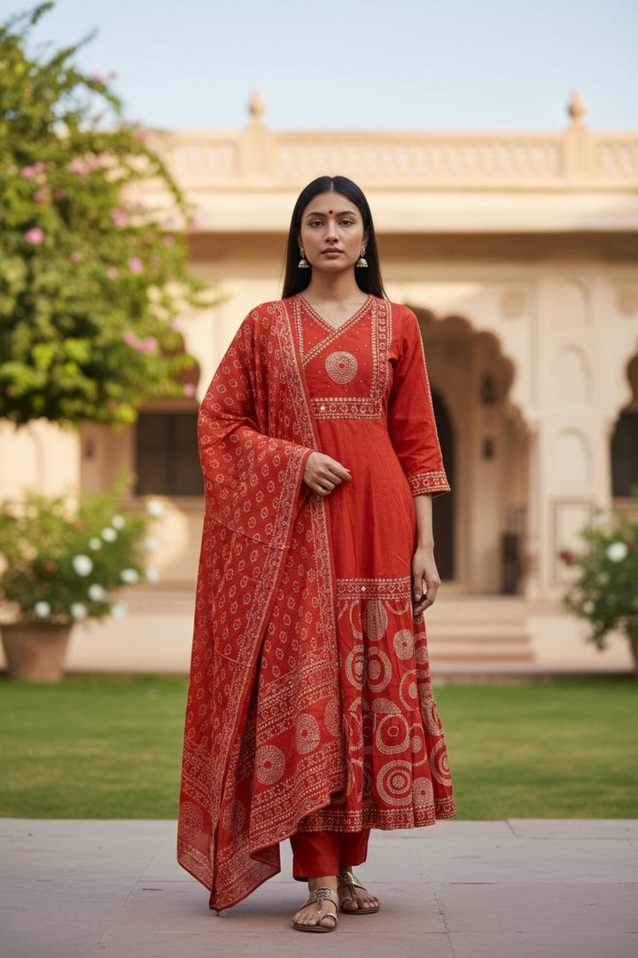 Women’s Rust Orange Printed Kurta Set with Matching Dupatta