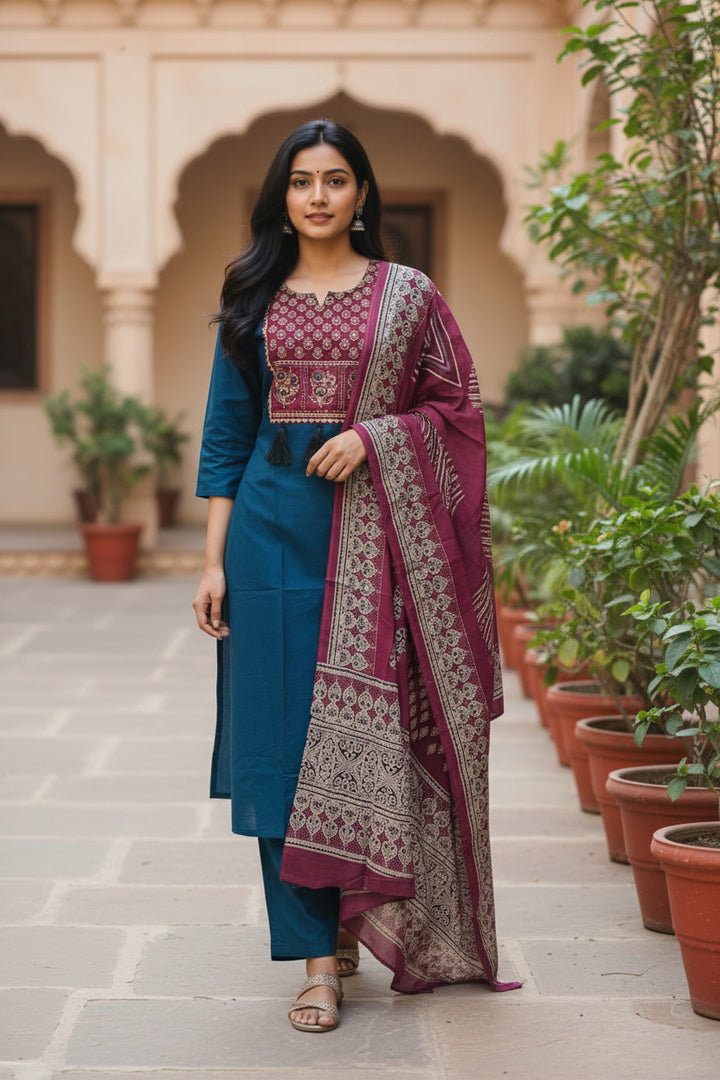 Teal Blue Straight Kurta Set with Printed Yoke, Solid Bottom &amp; Maroon Dupatta