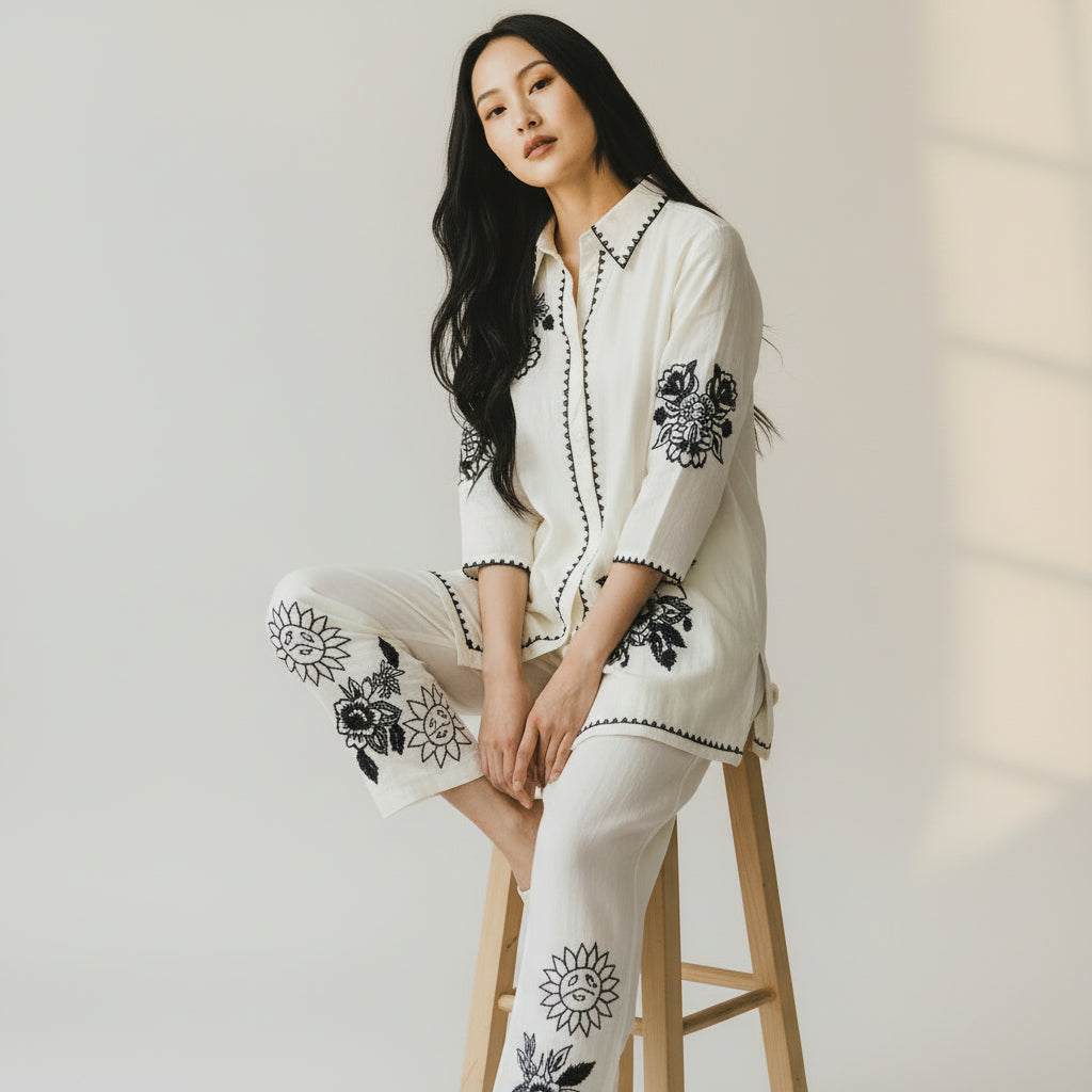 Ivory Embroidered Kurta &amp; Wide-Leg Pants Set