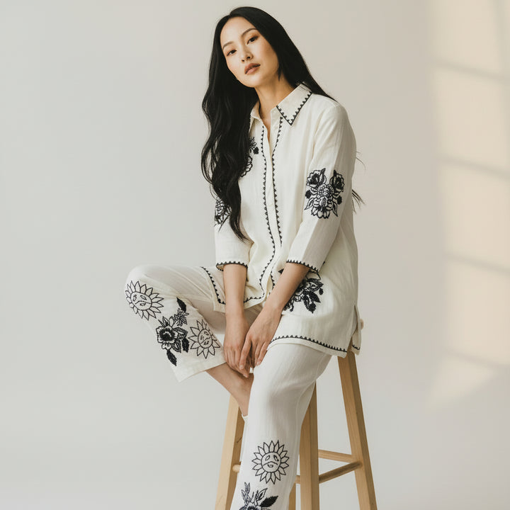 Ivory Embroidered Kurta &amp; Wide-Leg Pants Set
