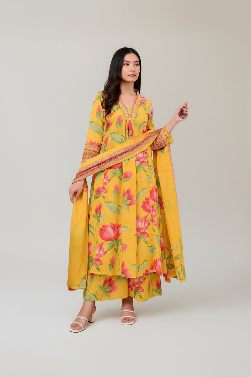 Floral Printed Kurta Set with Palazzo &amp; Dupatta