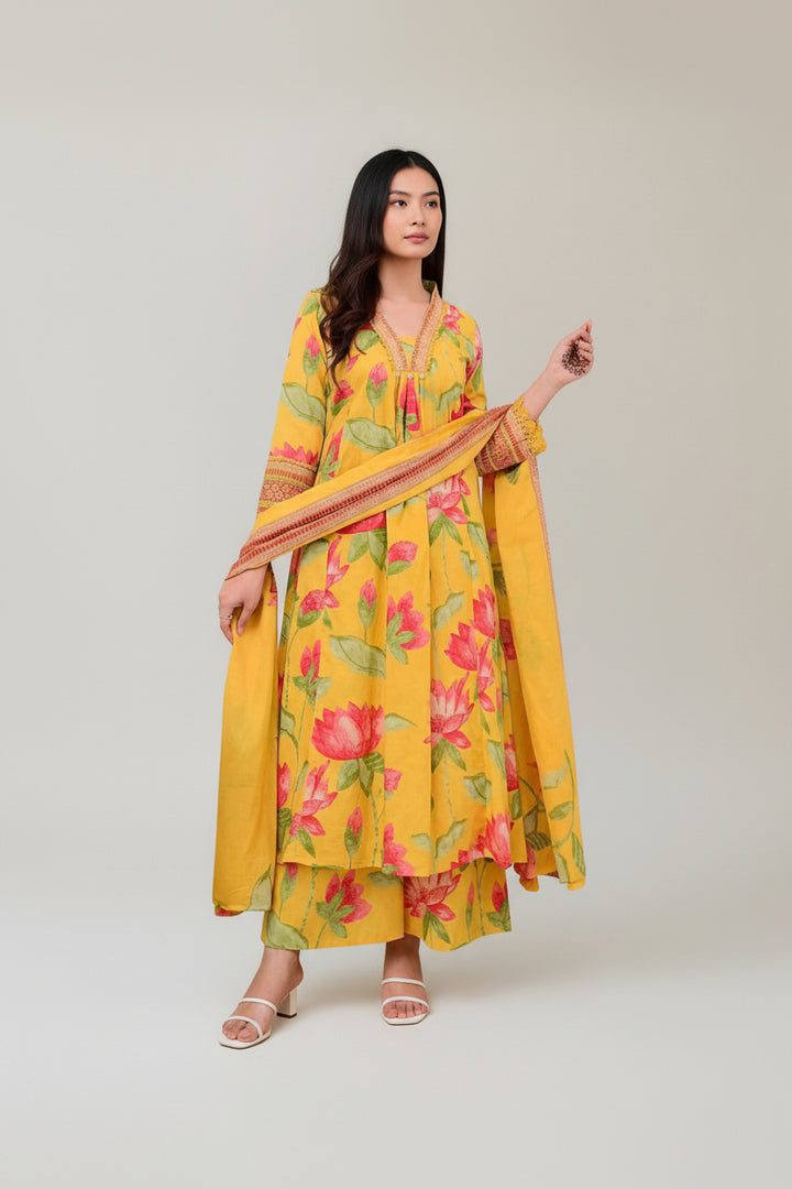 Floral Printed Kurta Set with Palazzo &amp; Dupatta