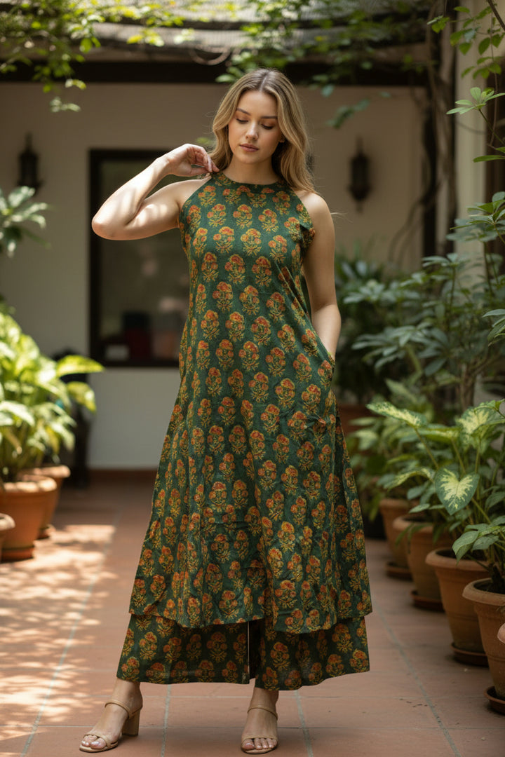 Green Floral Printed Sleeveless A-Line Kurta Set with Palazzo Pants