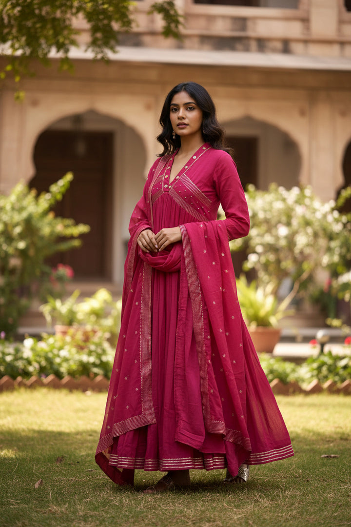 Women’s Solid Embroidered Anarkali Kurta Set with Dupatta