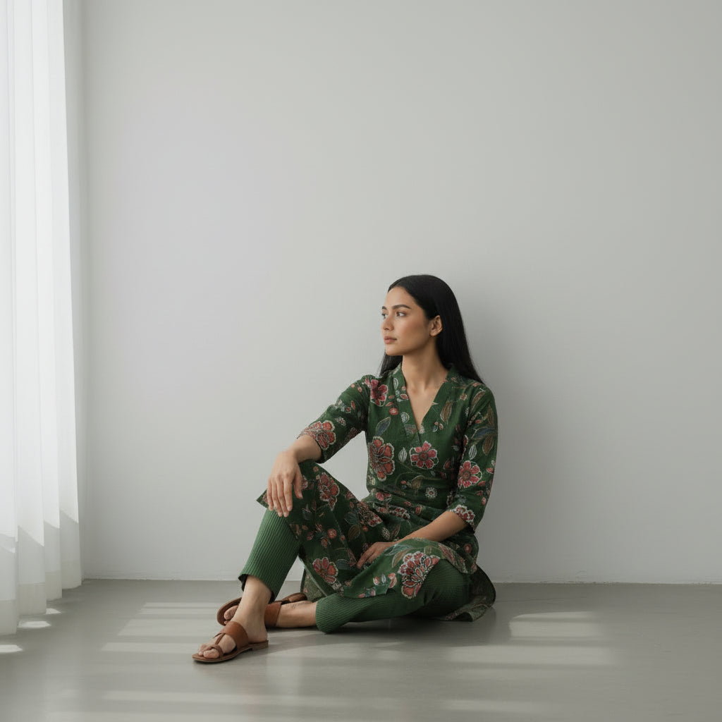 Emerald Floral Printed Kurta Set with Straight Pants