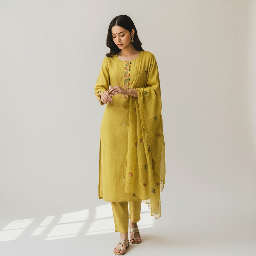 Yellow Chiffon Embroidery 3 Piece Kurta Set