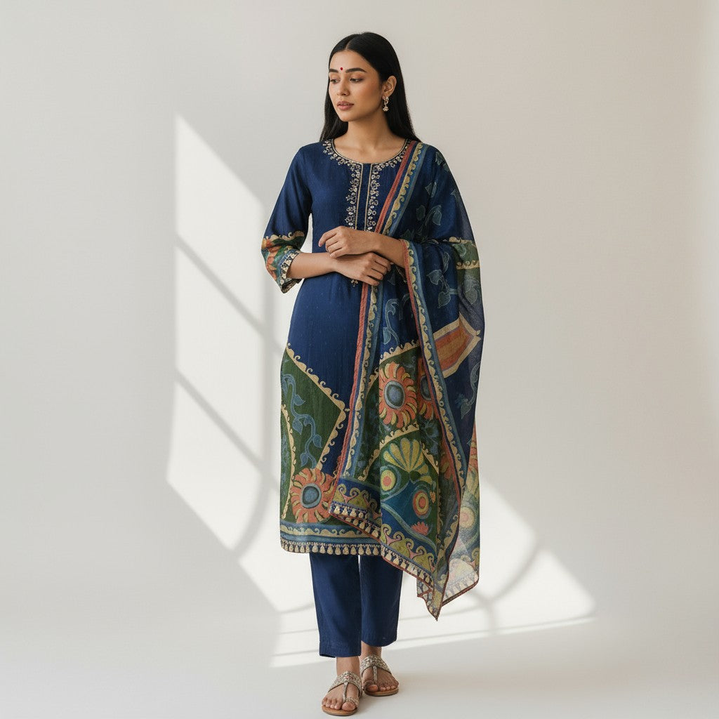 Pure Natural Crepe Digital Handwork Stitched Kurta Set