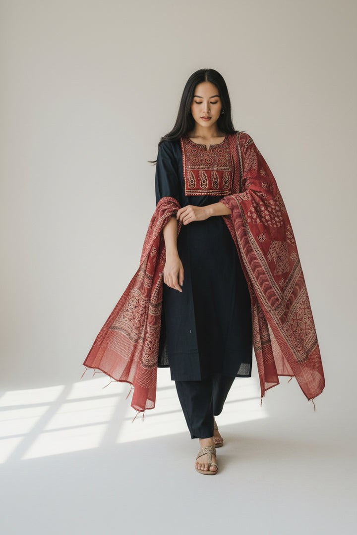 Black Straight Kurta with Printed Yoke, Solid Bottom &amp; Printed Dupatta – 3-Piece Set