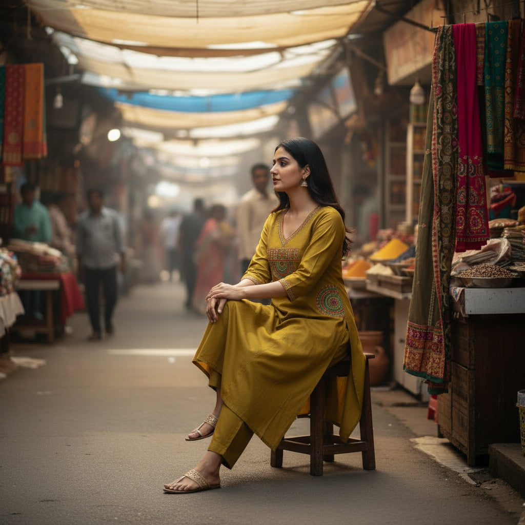 Mustard Embroidered Straight Kurta Set with Pants